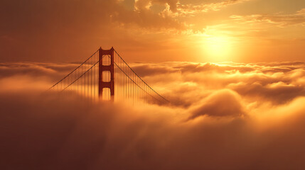 Fototapeta premium Golden Gate Bridge Emerging from Fog Above Clouds at Sunrise