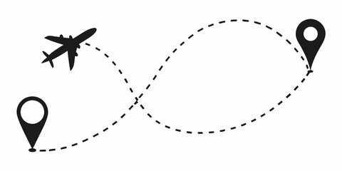 Airplane flight path with location markers indicating travel and destination points © Rahul