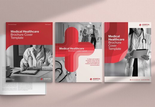 Brochure Cover Template & Front Page Design, in Red Medical Hospital Theme for Report Cover Layouts