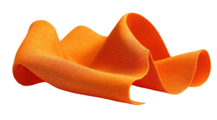 A vibrant orange, flowing, curled ribbon shape, resembling a fabric or material strip