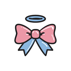 Cartoon illustration featuring a pink bow, blue ribbons, and an angelic halo above