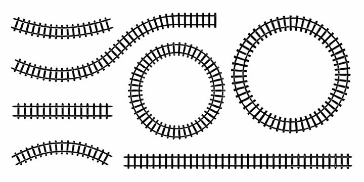 Simple illustration of curved and straight railway tracks in a black and white design