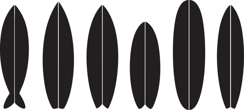 A collection of six different black surfboard silhouettes displayed neatly on a white background