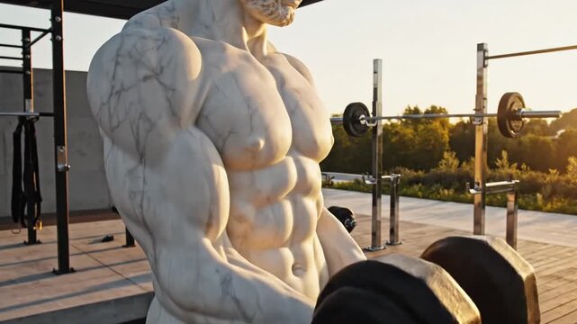 Majestic marble sculpture of a powerful ancient Greek deity performing bicep curls with heavy dumbbells in a cinematic slow motion artistic studio setting capturing athletic strength and beauty