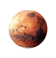 A realistic rendering of the planet Mars, showcasing its reddish-brown terrain against a black background