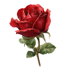 A vibrant, detailed watercolor illustration of a single blooming red rose with green leaves and stem