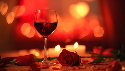 A romantic setting with a glass of red wine and roses on a table