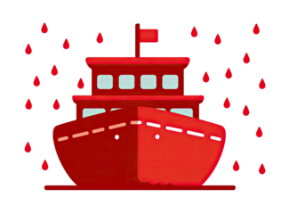 Stylized front-facing red ship with red rain against a black background