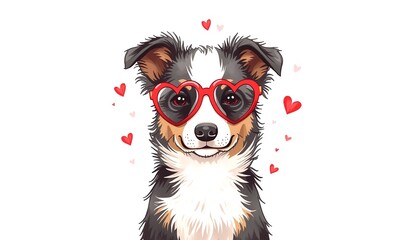 A cute dog wearing heart-shaped glasses and surrounded by hearts