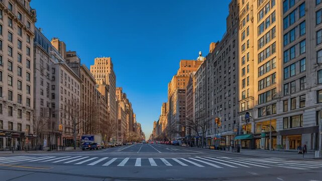 A wide view of a city street lined with tall buildings.