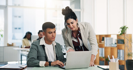 Collaboration, feedback and laptop with designer people at desk in office for help or review....