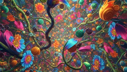 Surreal floral chaos with glowing twisted vines, floating petals, colorful orbs and vibrant bokeh. Joyful unhinged silliness background, multisensory 2026 trend immersion.