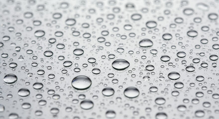 Clear water droplets, various sizes, on transparent glass, white background with sharp highlights, ultra-detailed macro study of purity and freshness concept.