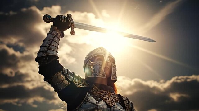 Valiant Knight in Shining Armor Wielding Sword Against a Dramatic Sky.