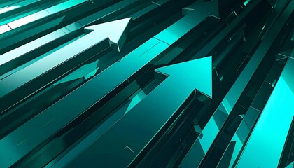 Abstract arrow patterns rising upward with chrome and teal gradients, business strategy theme.”