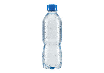 Chilled water bottle, glittering condensation, sapphire cap, sleek label, transparent studio background, concept for beverage advertising