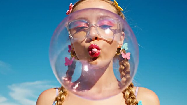 Cinematic slow motion portrait of a blonde young woman with braided hair and stylish clear eyewear blowing a pink bubblegum bubble outdoors in soft daylight during a playful moment.