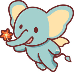 Obraz premium Cute kawaii flying baby elephant vector illustration with orange flower.