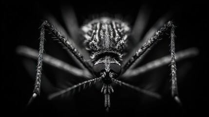 Macro, grayscale portrait of a mosquito. Details the insect's head, eyes, mouth, and long legs