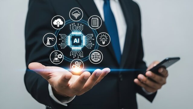 A businessman presenting a holographic AI chip with technology icons on his palm. - Powered by Adobe