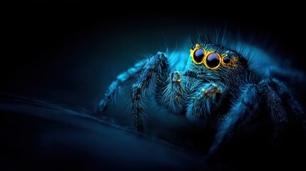 Macro photograph of a tiny, hairy arachnid with vibrant orange eyes and leg highlights