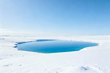 Snowy landscape with blue lake