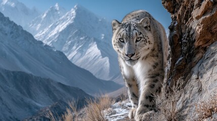 Obraz premium Snow leopard walking on a rocky cliff edge, camouflaged with the snowy mountains, intense gaze, rare wildlife sighting 