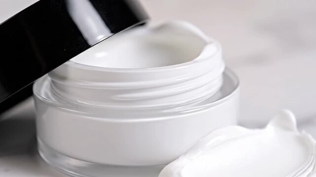 Cosmetic cream jar open with product sample next to it, under soft lighting.