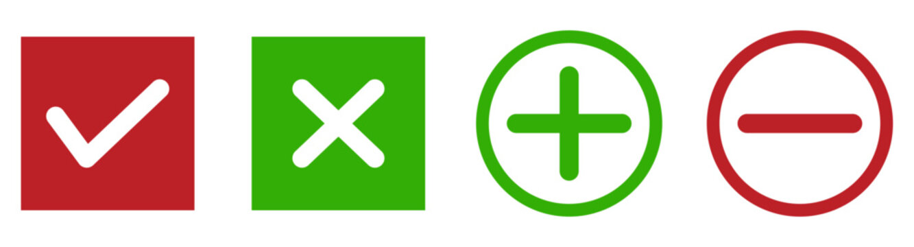 Set of check mark, x mark, plus sign and minus symbol icons in circle shape.