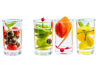 A cold red strawberry alcohol cocktail with fresh lemon and lime fruit served over ice in a glass makes a sweet isolated refreshment