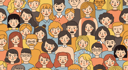 Fototapeta premium Seamless pattern background filled with many diverse and unique cartoon faces of people representing various ages, styles, and ethnicities.