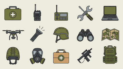 Collection of military and survival gear icons in flat design