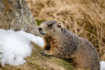 Groundhog at meadow edge with patches of snow, showcasing its fur texture and natural habitat, perfect for seasonal themes and wildlife appreciation