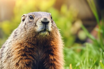 Groundhog centered in lush green grass, showcasing its features and expressions, perfect for Groundhog Day news headlines and seasonal storytelling