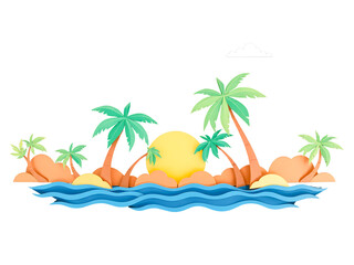  a tropical beach on a paradise island with palm trees, a sunset sky over the ocean waves, and a summer vacation landscape on a white background.