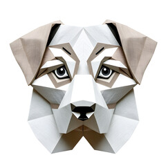 Origami style folded paper in the shape of a dog's face on a white background.