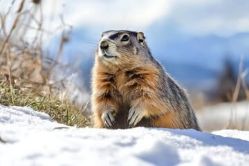 Groundhog stands alert in an open winter field, surrounded by snow and grass, showcasing its fur texture and the serene winter landscape
