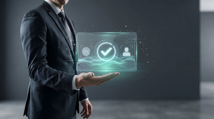 Businessman presenting digital identity verification system with fingerprint and user hologram