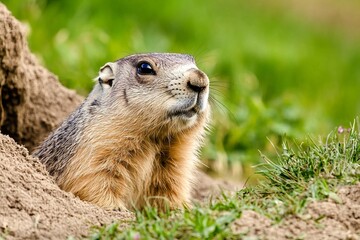 Groundhog in playful pose with raised paw, surrounded by grass and autumn leaves, capturing a humorous moment related to Groundhog Day
