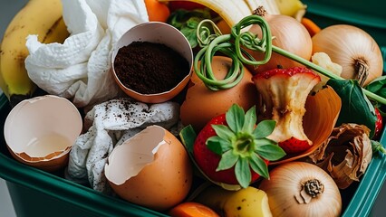 Close-up view of food scraps in a compost bin, ready for recycling