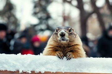Groundhog peering over snow-covered barrier in winter setting, surrounded by blurred crowd, capturing the essence of Groundhog Day celebration and anticipation