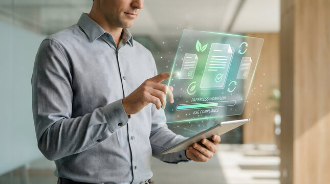 Man managing paperless workflow and ESG compliance on futuristic holographic tablet interface