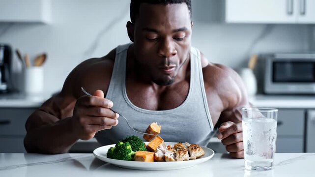 Muscular Man Eating Healthy Meal With Chicken, Sweet Potato and Broccoli