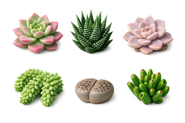 Diverse collection of potted succulents arranged in a collage, including echeveria, haworthia, sedum, and lithops, with transparent background