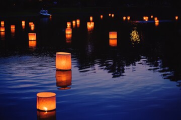 Lanterns floating on calm river water at night, creating a serene atmosphere with reflections and a tranquil ambiance during a lantern festival