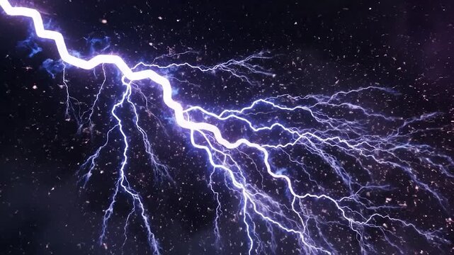 A bright, jagged lightning bolt streaks across a dark, star-filled night sky