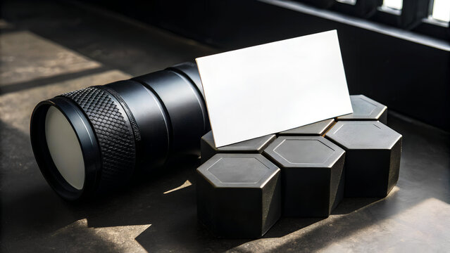 Blank business card mockup with camera lens and hex blocks in natural window light