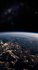 Earth from Space at Night with Milky Way