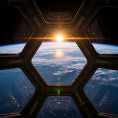 Sunrise over Earth from Space Station Window