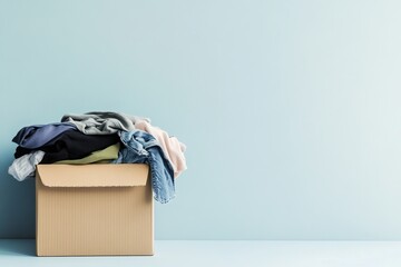 Cardboard donation box filled with colorful clothes on a soft background, representing generosity and community support for those in need